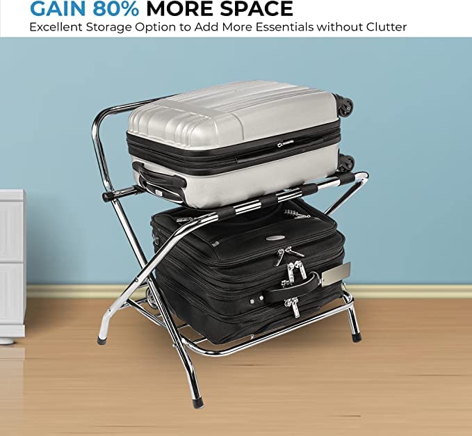 USTECH 2 Tier X-Shape Folding Luggage Rack with High Back | Durable Metal Stand & Heavy-Duty Nylon Straps for Guest Room Storage & Suitcase Holder | Perfect for Bedroom & Closet