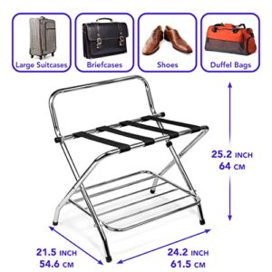 USTECH 2 Tier X-Shape Folding Luggage Rack with High Back | Durable Metal Stand & Heavy-Duty Nylon Straps for Guest Room Storage & Suitcase Holder | Perfect for Bedroom & Closet