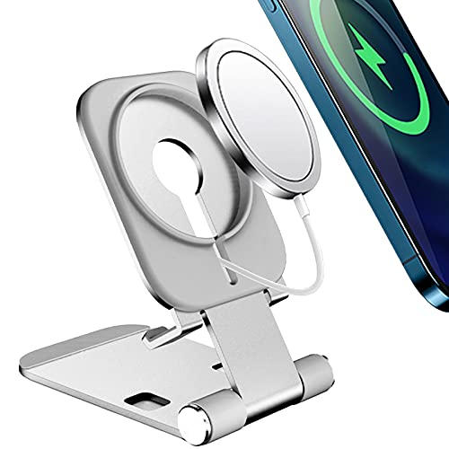 LowGeeker Stand for MagSafe Charger, Foldable Phone Stand Holder Aluminum Alloy Accessories Compatible with iPhone 13/12 Pro/ 13 Pro Max/ 12, Silver(MagSafe Charger Not Included)