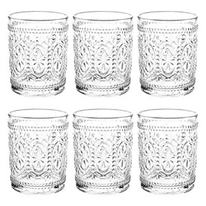 bekith 6 pack drinking glasses, 9.5 oz romantic water glasses tumblers, heavy duty vintage glassware set for whisky, juice, beverages, beer, cocktail