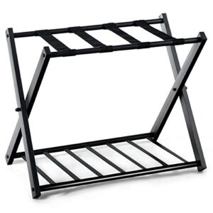 WELLFOR Set of 2 Luggage Rack with Shelf, Folding Metal Luggage Holder Suitcase Rack for Guest Room, Bedroom, Hotel (Black)