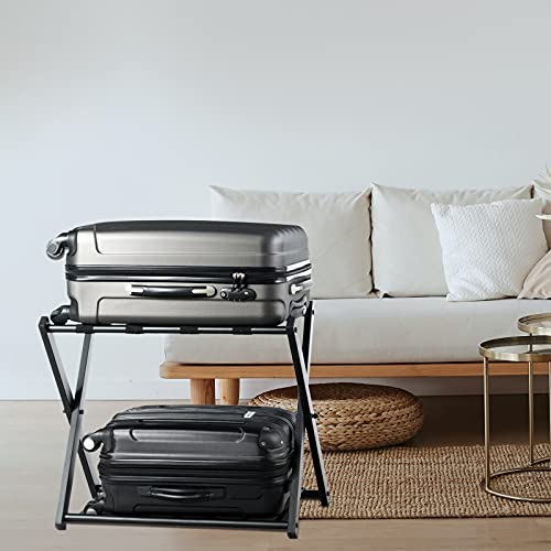 WELLFOR Set of 2 Luggage Rack with Shelf, Folding Metal Luggage Holder Suitcase Rack for Guest Room, Bedroom, Hotel (Black)