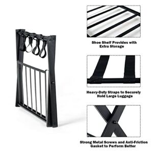 WELLFOR Set of 2 Luggage Rack with Shelf, Folding Metal Luggage Holder Suitcase Rack for Guest Room, Bedroom, Hotel (Black)