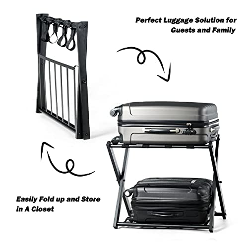 WELLFOR Set of 2 Luggage Rack with Shelf, Folding Metal Luggage Holder Suitcase Rack for Guest Room, Bedroom, Hotel (Black)