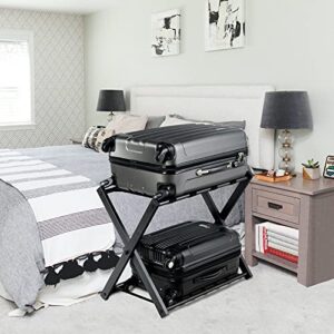 WELLFOR Set of 2 Luggage Rack with Shelf, Folding Metal Luggage Holder Suitcase Rack for Guest Room, Bedroom, Hotel (Black)