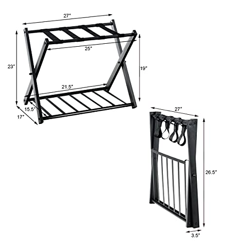 WELLFOR Set of 2 Luggage Rack with Shelf, Folding Metal Luggage Holder Suitcase Rack for Guest Room, Bedroom, Hotel (Black)