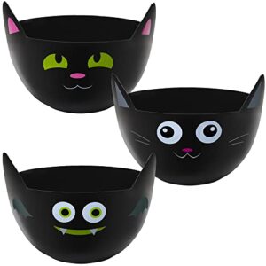 zcaukya halloween party supplies, set of 3 halloween plastic trick treat candy bowls, large halloween candy holders, cat shaped plastic serving bowl in orange purple black for halloween parties