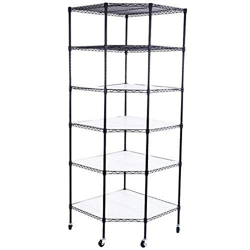 lapday 6 Tiers Corner Shelf, Adjustable Metal Free Standing Wire Shelving Unit Corner Storage Rack with Wheels for Living Room, Bathroom, Kitchen, 27" L x 27" W x 71" H (Black)