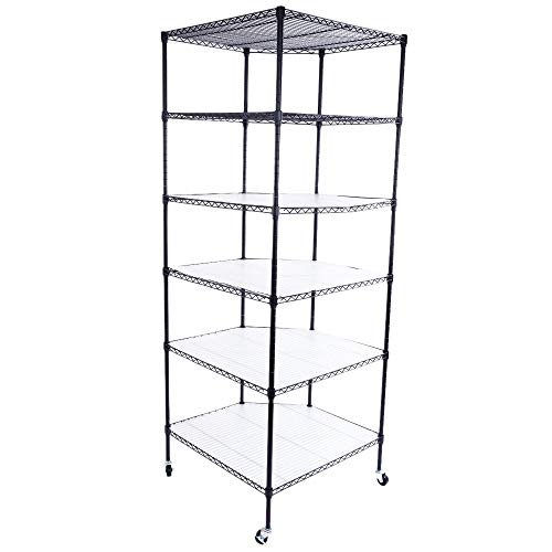 lapday 6 Tiers Corner Shelf, Adjustable Metal Free Standing Wire Shelving Unit Corner Storage Rack with Wheels for Living Room, Bathroom, Kitchen, 27" L x 27" W x 71" H (Black)