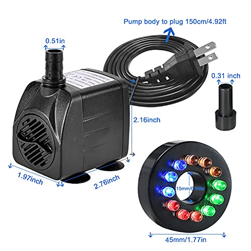 15W 264GPH Submersible Fountain Pump with 12 Colorful LED Lights for Outdoor Pond, Aquarium fish tanks, Water Feature, Statuary Gardens and Hydroponic