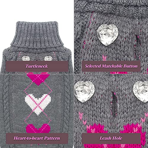 KYEESE Valentine's Day Dog Sweaters for Small Dogs Turtleneck Grey Doggie Sweater with Leash Hole Knit Pullover Cat Sweaters