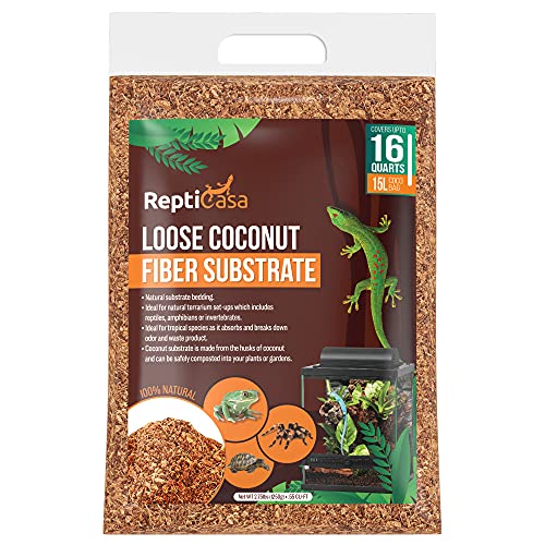 ReptiCasa Loose Coconut Substrate Husk Fibers, 16 Quarts Bag, Clean Natural Terrarium Bedding for Reptiles, Amphibians, or Invertebrates, Waste, Liquid and Odor Absorbent