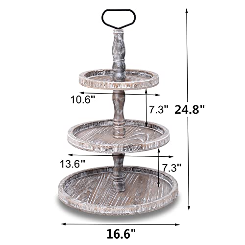 3 Tiered Tray Round Serving Tray Tiered Tray Decor,Tier Tray Wooden Serving Tray with Metal Handle,Kitchen Decorative Trays(Rustic Brown)