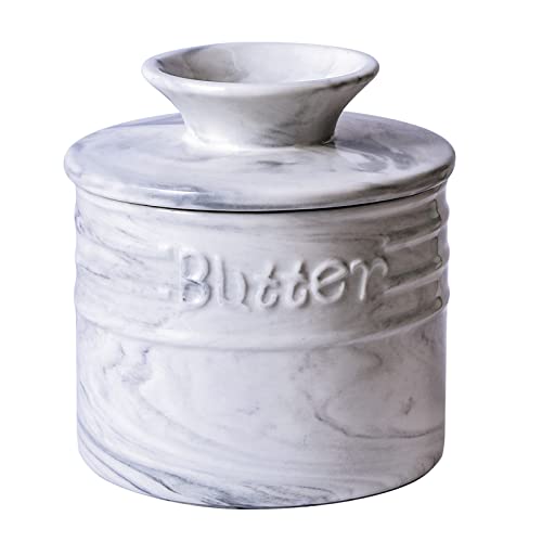 Yundu Gray Marble Porcelain Butter Keeper Crock,Butter Dish with Lid,French Butter Storage Container for Kitchen