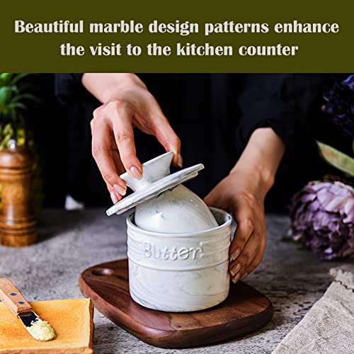 Yundu Gray Marble Porcelain Butter Keeper Crock,Butter Dish with Lid,French Butter Storage Container for Kitchen