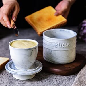 Yundu Gray Marble Porcelain Butter Keeper Crock,Butter Dish with Lid,French Butter Storage Container for Kitchen