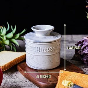 Yundu Gray Marble Porcelain Butter Keeper Crock,Butter Dish with Lid,French Butter Storage Container for Kitchen