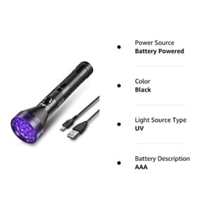 PEETPEN Black Light Flashlight USB Rechargeable 395nm UV LED Blacklight Ultraviolet Waterproof Flashlights Detector for Pets Dog Urine and Stains with Battery