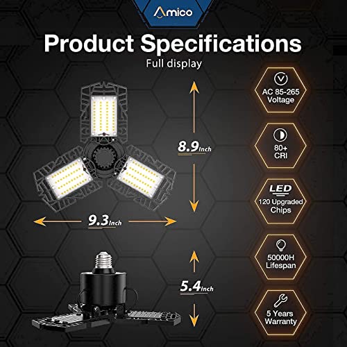 6-Pack LED Garage Lights, 50W LED Shop Light with 3 Ultra Bright Adjustable Panels, 5000LM 6500K Deformable Ceiling Lights for Garage, Attic, Basement, E26/E27 Base