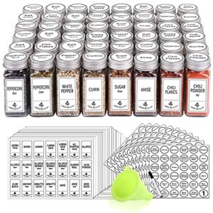 swommoly 48 glass spice jars with 806 white spice labels, chalk marker and funnel complete set. square spice bottles 4 oz empty spice containers, airtight cap, pour/sift shaker lid