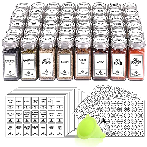 SWOMMOLY 48 Glass Spice Jars with 806 White Spice Labels, Chalk Marker and Funnel Complete Set. Square Spice Bottles 4 oz Empty Spice Containers, Airtight Cap, Pour/sift Shaker Lid
