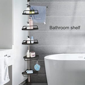 BAOYOUNI 5-Tier Shower Corner Caddy Tension Pole Adjustable Bathroom Shelf Floor to Ceiling Storage Rack Organizer Holder with Towel Bar - No Drilling - Black