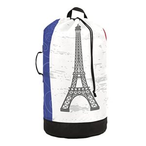 eiffel tower on france flag laundry backpack bag with drawstring closure waterproof laundry bag laundry hamper clothes storage for college travel laundromat apartment