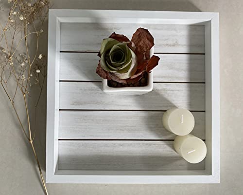 White Square Tray Wooden Serving Tray for Ottoman Vanity Coffee Table Breakfast in Bed Tea Accessory Organizer (12 x 12 x 2 & 10 x 10 x 1.2, Set of 2) (White)