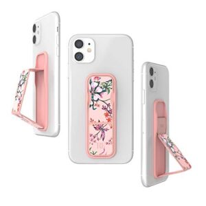 clckr richmond finch phone grip holder and expanding stand, universal finger grip kickstand compatible with iphone 14/13/12, samsung s22 and more, multiple viewing angles, pink blooms design