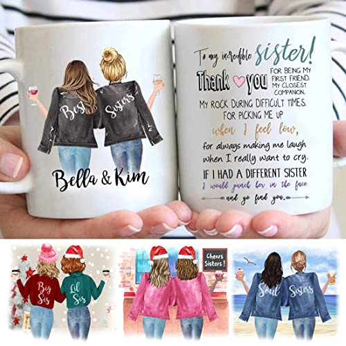 Custom Sister Mug from Sister, Sister Coffee Mug with Names, Personalized Sisters Cups, Christmas or Birthday Gifts for Sister from Sister, Sister Moving Away Mug, 11 or 15 Oz