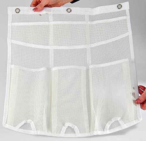 Home-X Hanging Mesh Shower Organizer, Bathroom Shower Organizer for Essentials, Shower Storage Pockets for Shampoo, Conditioner, Soap, and More, 17 ¼" L x 15 ¾" W, White