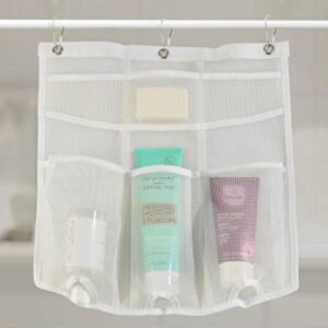 Home-X Hanging Mesh Shower Organizer, Bathroom Shower Organizer for Essentials, Shower Storage Pockets for Shampoo, Conditioner, Soap, and More, 17 ¼" L x 15 ¾" W, White