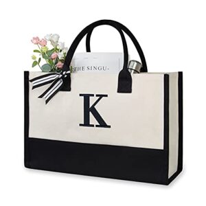 topdesign embroidery initial canvas tote bag, personalized present bag, suitable for wedding, birthday, beach, holiday, is a great gift for women, mom, teachers, friends, bridesmaids (letter k)