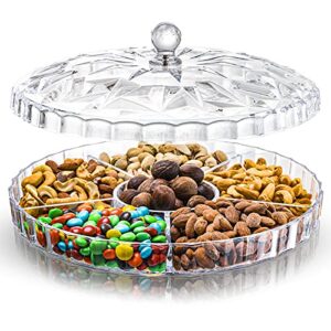 zoofox snack serving tray, 12" appetizer tray with lid, 6 compartments round plastic food storage organizer for dried fruits, nuts, candies, sweet cookies and fruits (clear)