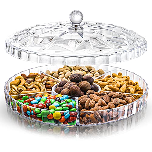 ZOOFOX Snack Serving Tray, 12" Appetizer Tray with Lid, 6 Compartments Round Plastic Food Storage Organizer for Dried Fruits, Nuts, Candies, Sweet Cookies and Fruits (Clear)