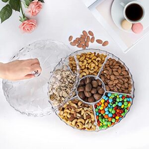 ZOOFOX Snack Serving Tray, 12" Appetizer Tray with Lid, 6 Compartments Round Plastic Food Storage Organizer for Dried Fruits, Nuts, Candies, Sweet Cookies and Fruits (Clear)