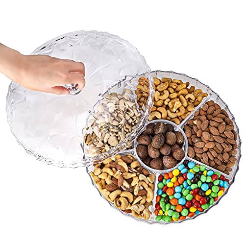 ZOOFOX Snack Serving Tray, 12" Appetizer Tray with Lid, 6 Compartments Round Plastic Food Storage Organizer for Dried Fruits, Nuts, Candies, Sweet Cookies and Fruits (Clear)