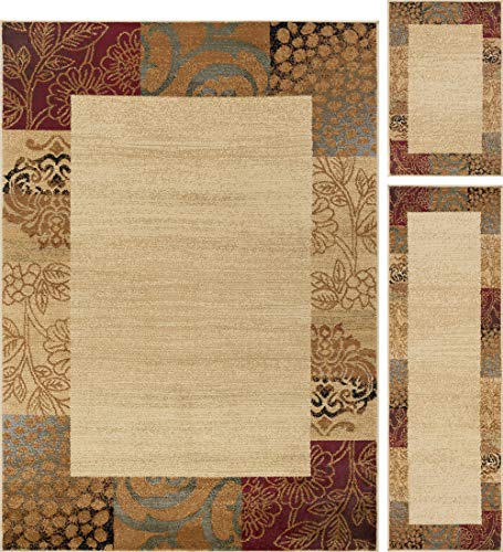 Tayse Sedona Beige 3 Piece Area Rug Set for Home, Room, and Decor - Transitional, Floral