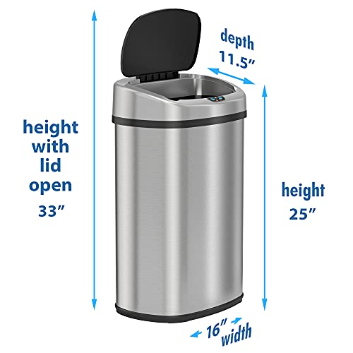 SensorCan 13 Gallon Automatic Touchless Sensor Kitchen Trash Can with Odor Filter and AC Adapter, Stainless Steel Garbage Recycle Bin, Oval Shape, Slim and Space Saving for Home, Office, Business