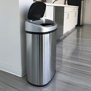 SensorCan 13 Gallon Automatic Touchless Sensor Kitchen Trash Can with Odor Filter and AC Adapter, Stainless Steel Garbage Recycle Bin, Oval Shape, Slim and Space Saving for Home, Office, Business