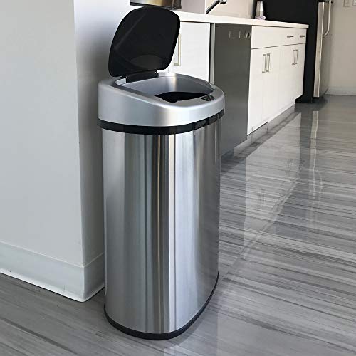 SensorCan 13 Gallon Automatic Touchless Sensor Kitchen Trash Can with Odor Filter and AC Adapter, Stainless Steel Garbage Recycle Bin, Oval Shape, Slim and Space Saving for Home, Office, Business