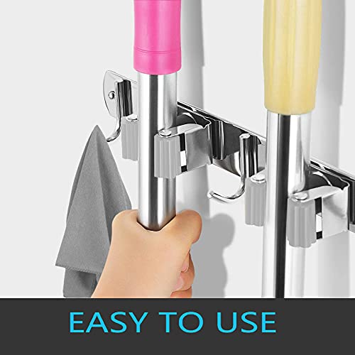 Nuulyycyi Broom and Mop Holder Wall Mounted, Broom Hanger, Broom Holder, Stainless Steel Heavy Duty Broom Racks for Laundry Room, Garage, Garden, Bathroom (2 Racks 3 Hooks)