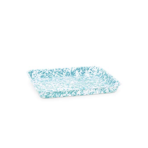 Crow Canyon Home Enamelware Small Rectangular Tray, 11.25 x 9 inches, Turquoise/White Splatter (Single)