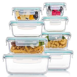 vtopmart 8 pack glass food storage containers with lids, glass meal prep containers, airtight glass bento boxes with leak proof locking lids, for microwave, oven, freezer and dishwasher