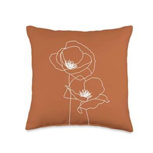 floral cute minimalist boho modern designs poppy flowers floral line art modern burnt orange terracotta throw pillow, 16x16, multicolor