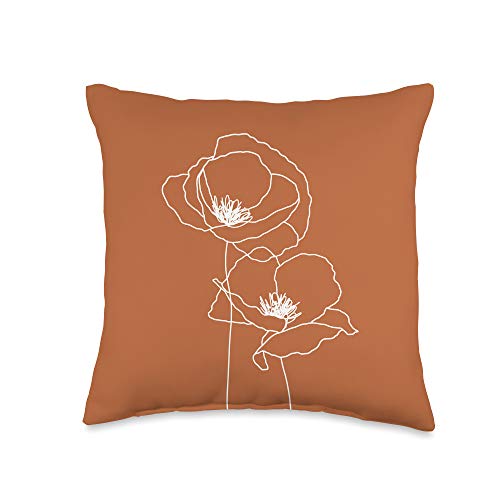 Floral Cute Minimalist Boho Modern Designs Poppy Flowers Floral Line Art Modern Burnt Orange Terracotta Throw Pillow, 16x16, Multicolor