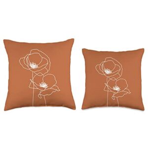 Floral Cute Minimalist Boho Modern Designs Poppy Flowers Floral Line Art Modern Burnt Orange Terracotta Throw Pillow, 16x16, Multicolor