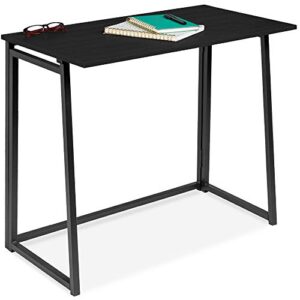 best choice products 31.5in folding drop leaf desk table, computer workstation for home office w/wood table top, back shelf, portable, space saving - black/black