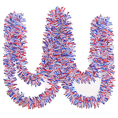 KIMOBER 32.8 Ft 4th of July Tinsel Garland, Red White Blue Metallic Garland for Independence Day Memorial Day Decoration