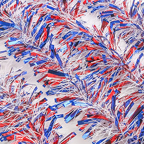 KIMOBER 32.8 Ft 4th of July Tinsel Garland, Red White Blue Metallic Garland for Independence Day Memorial Day Decoration